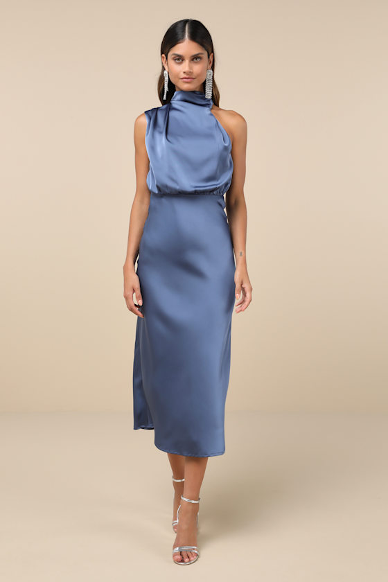 Image of Distinctive Charm Slate Blue Satin Asymmetrical Midi Dress