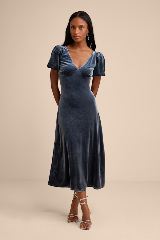 Image of Obrissa Slate Blue Velvet Puff Sleeve Tie Back Midi Dress