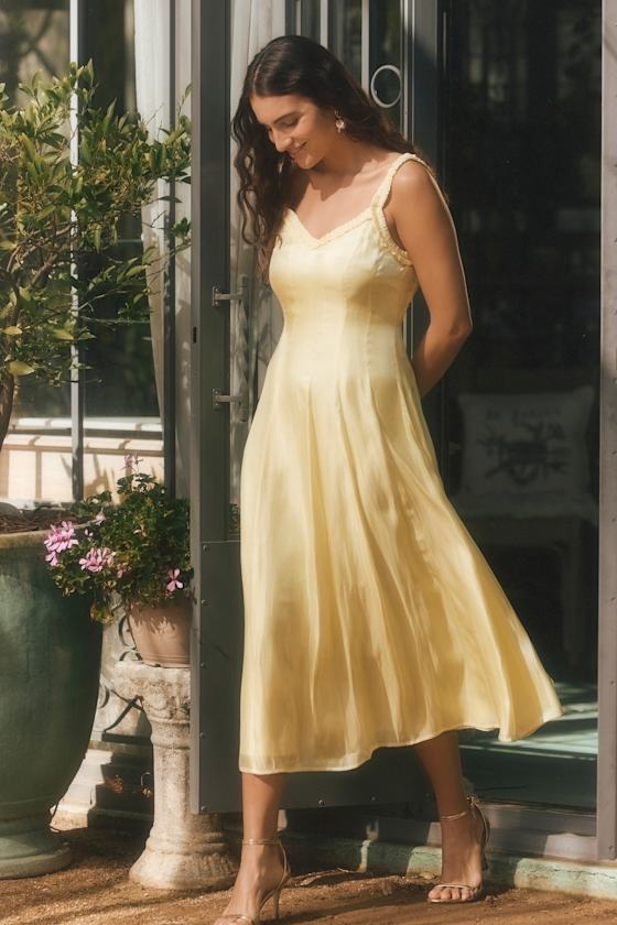 Image of Camara Pale Yellow Satin Lace Slip Midi Dress
