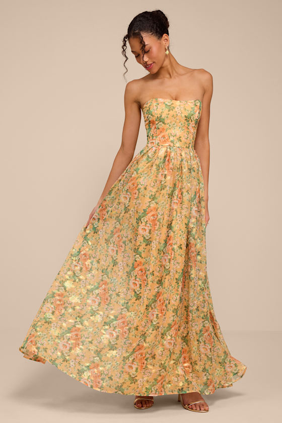 Image of Claudia Light Orange Multi Floral Strapless Maxi Dress
