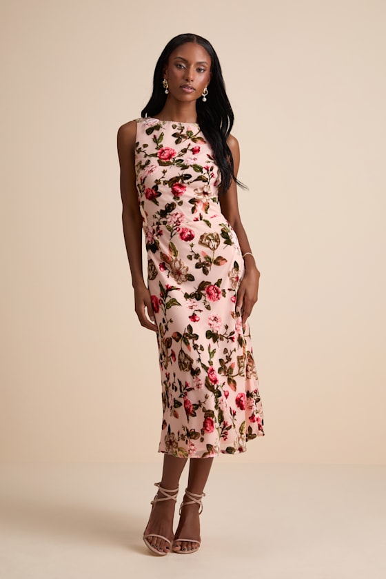 Image of Florina Blush Floral Velvet Floral Burnout Cowl Back Midi Dress