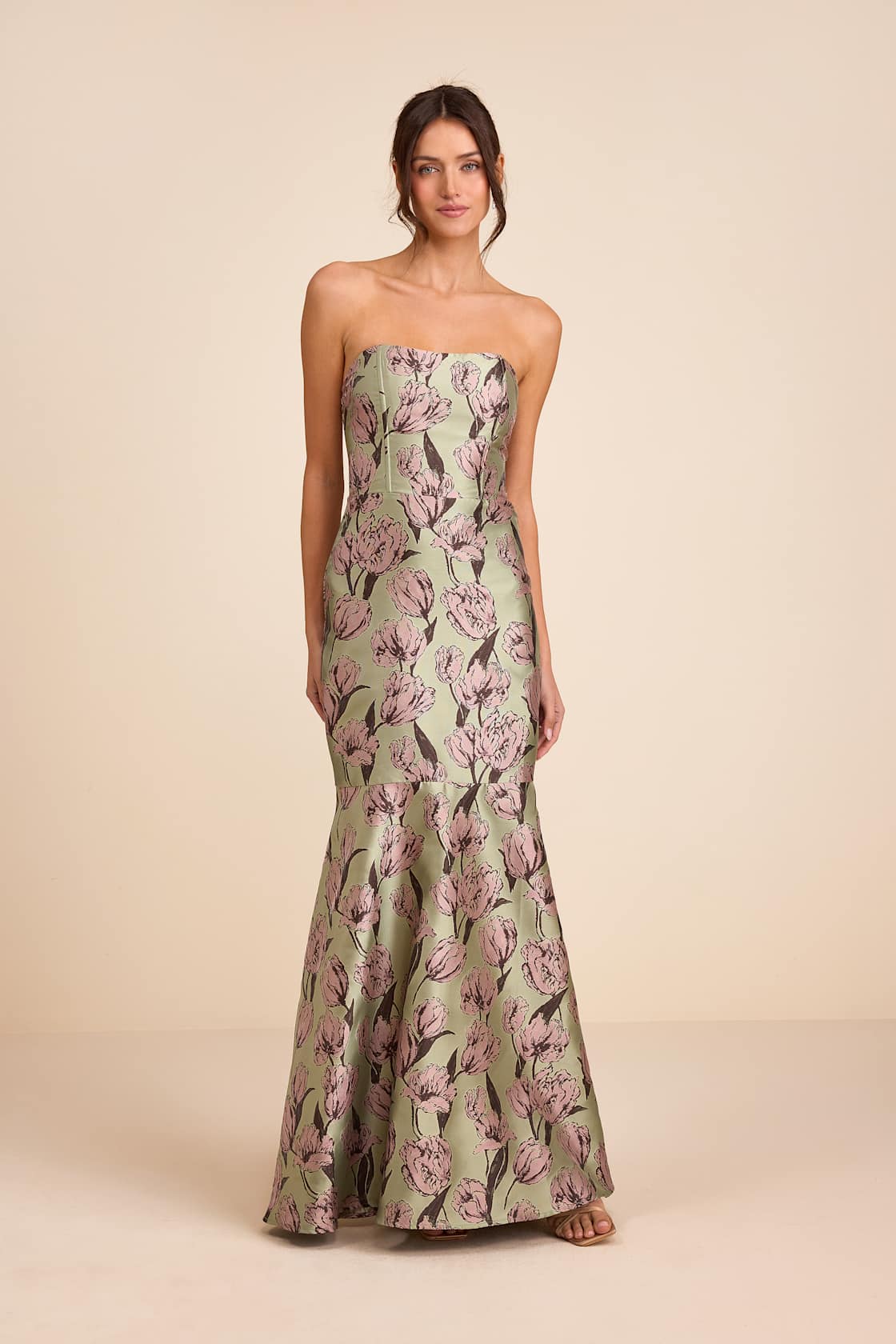 Image of Gowning Around Sage Floral Jacquard Strapless Maxi Dress