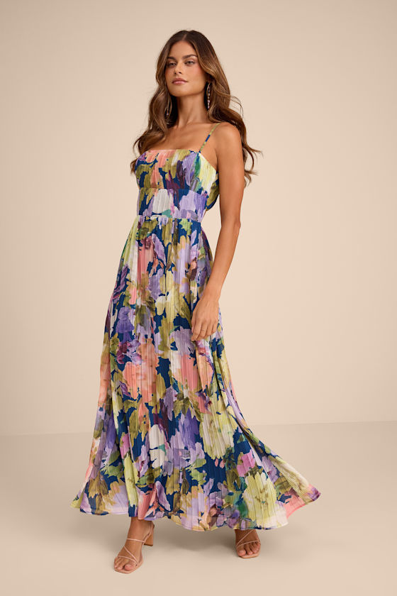 Image of Holloway Dark Blue Multi Floral Pleated Maxi Dress