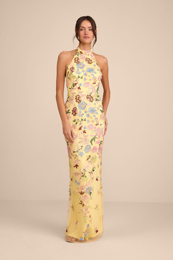 Image of Infinite Praise Yellow 3D Floral Embroidered Halter Maxi Dress
