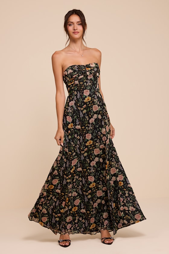Image of Kamalia Black Multi Floral Strapless Maxi Dress