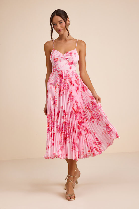Image of Francette Pink Floral Satin Pleated Midi Dress