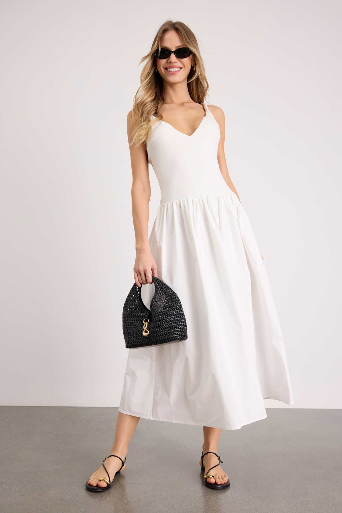 Image of Tyler White Twisted Strap Midi Dress