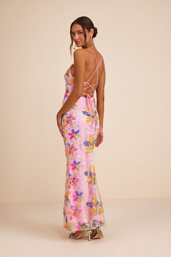 Image of Zaylee Light Pink Sequin Lace Up Mermaid Maxi Dress