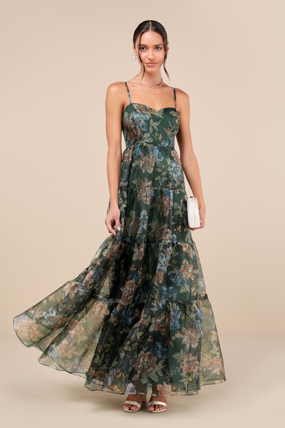 Image of Exclusive Glamour Green Floral Organza Tiered Maxi Dress