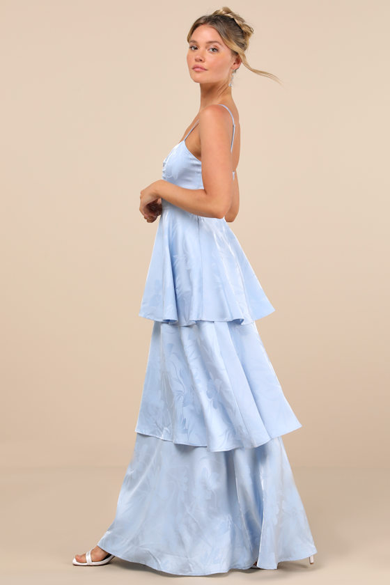 Image of Prigette Light Blue Jacquard Tiered Maxi Dress