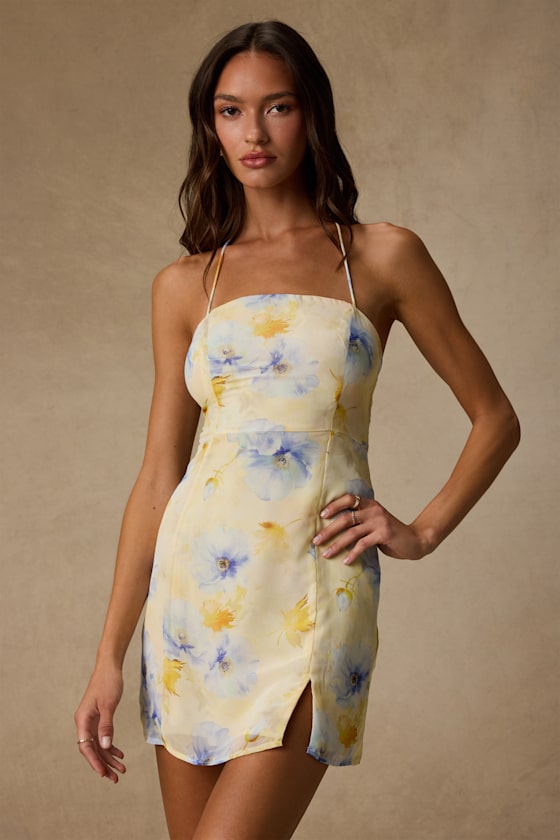 Image of Catch The Bouquet Light Yellow Floral Halter Lace Up Mini Dress