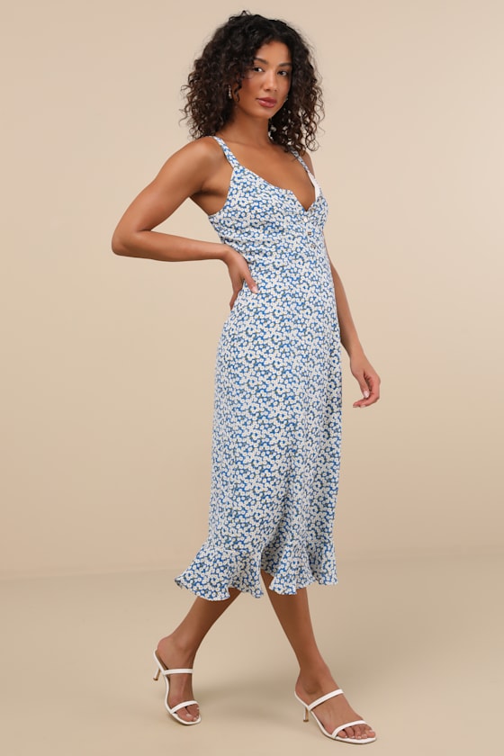 Image of Darling Daisies Blue Floral Print Midi Dress