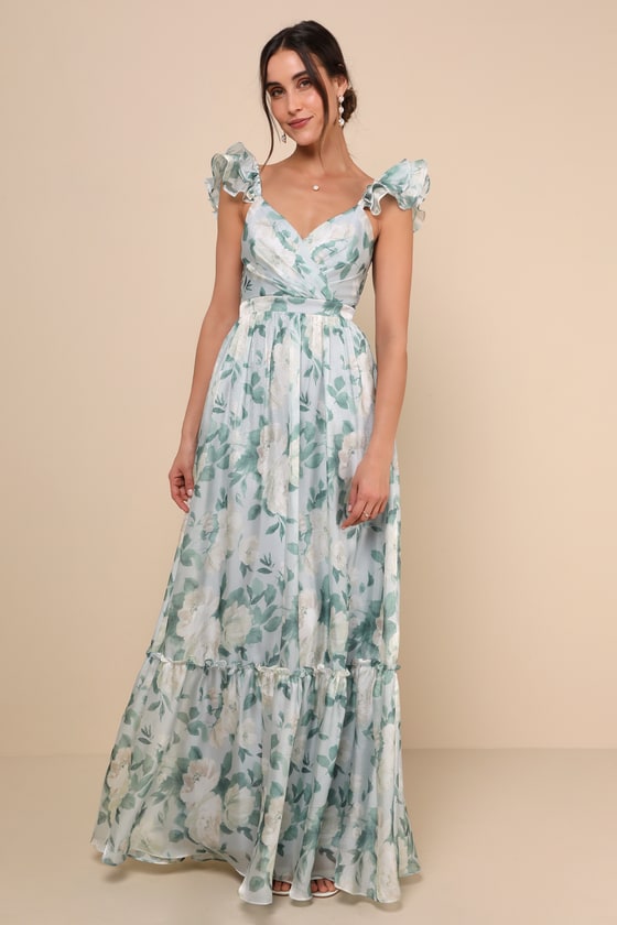 Image of Soiree Perfection Light Blue Floral Ruffled Tiered Maxi Dress