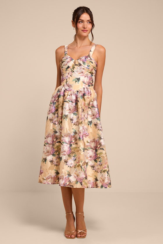 Image of Kathani Light Yellow Floral Jacquard Bustier Midi Dress