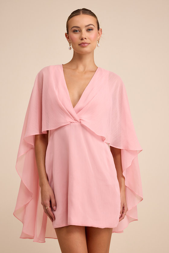 Image of Jolia Light Pink Cape V Neck Mini Dress