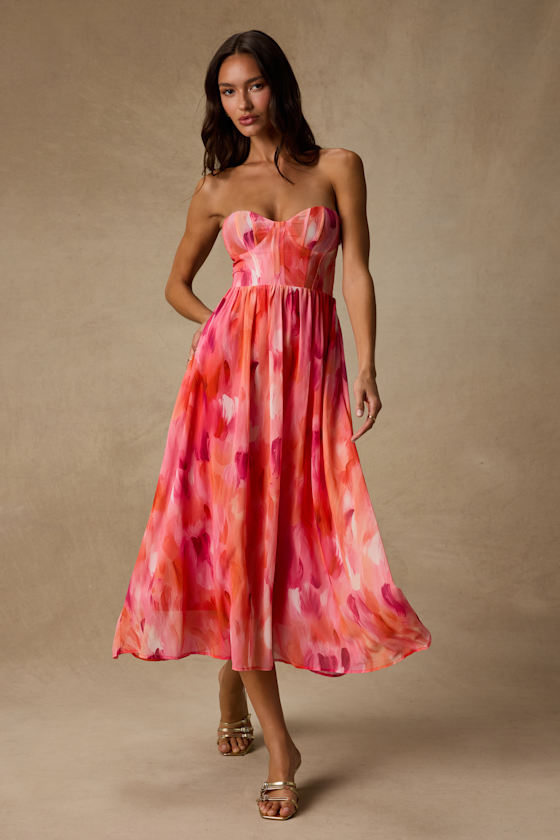 Image of Aysel Coral Pink Abstract Strapless Bustier Midi Dress
