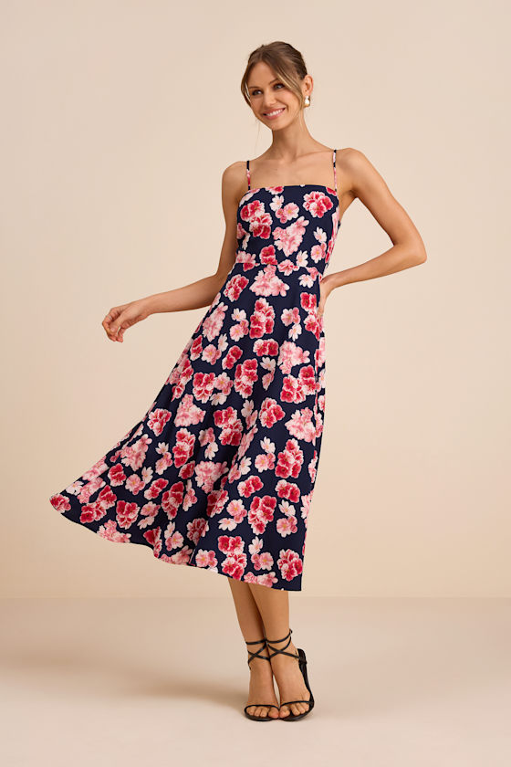 Image of Radiant Feelings Navy And Pink Floral Chiffon Midi Dress
