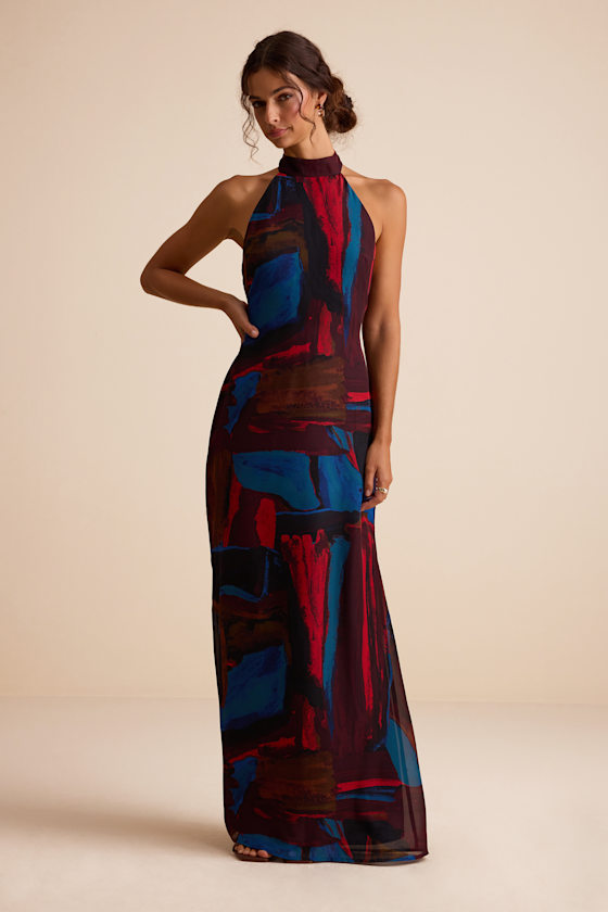 Image of Solayne Burgundy Multi Abstract Strappy Halter Maxi Dress