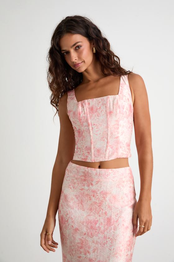 Image of Lynelle Pink Floral Textured Sleeveless Bustier Top