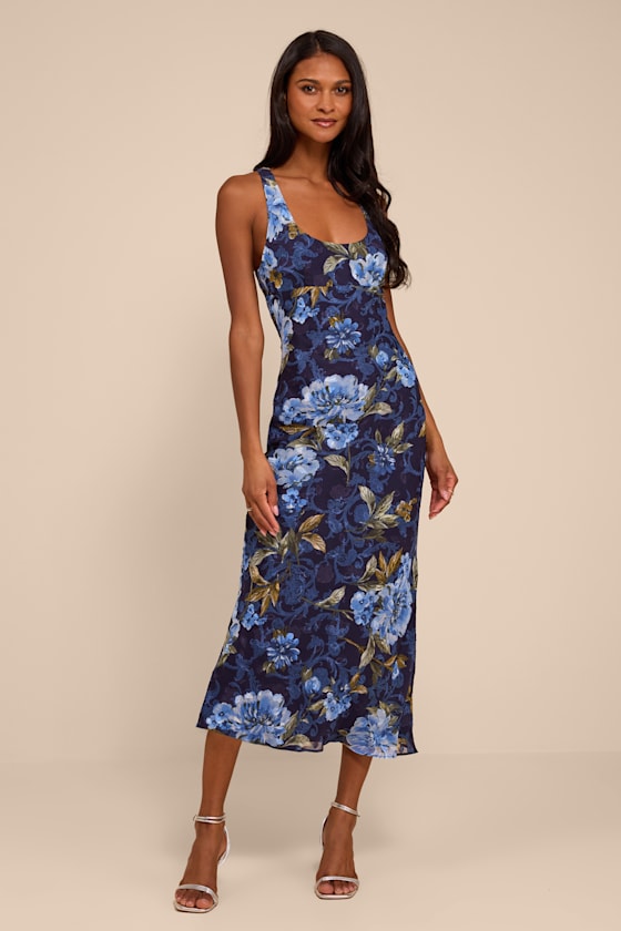 Image of Lilia Dark Blue Floral Scoop Neck Midi Dress