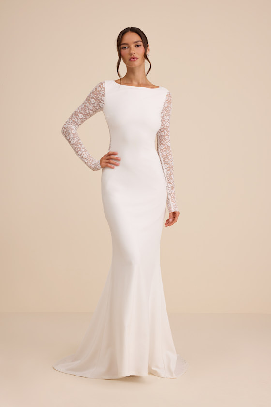 Image of Brooks White Lace Boat Neck Mermaid Maxi Dress