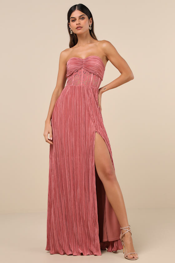 Image of Whimsical Beauty Hot Pink Satin Plisse Strapless Maxi Dress
