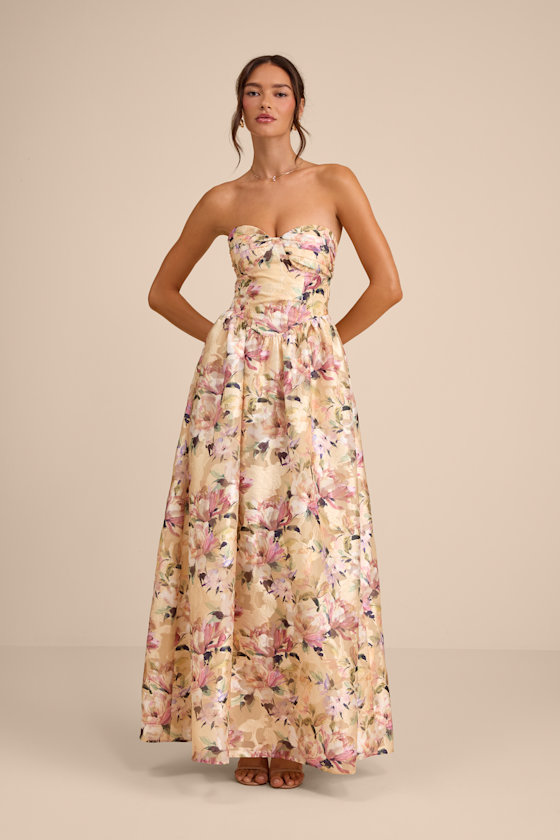 Image of Kathani Light Yellow Floral Jacquard Bustier Maxi Dress