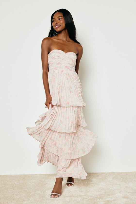 Image of Seriously Sensational Blush Floral Strapless Tiered Maxi Dress