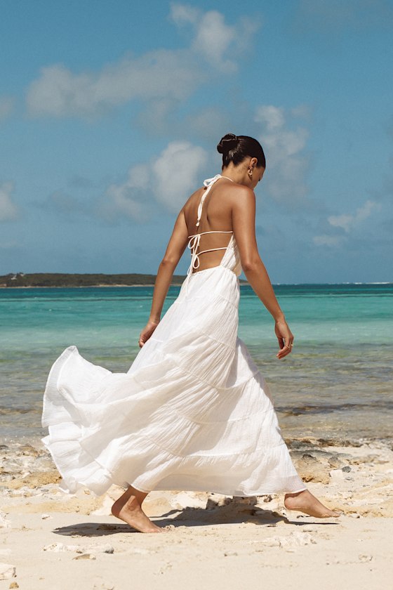 Image of Ameera White Textured Tiered Backless Maxi Dress