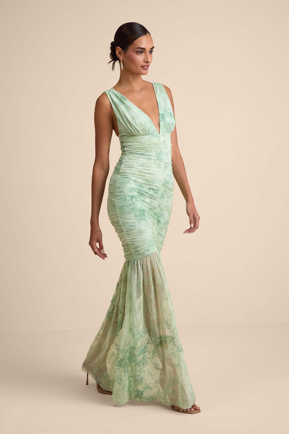 Image of Jamie Mint Green Floral Mesh Sheer Hem Maxi Dress