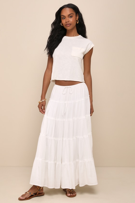 Image of Relaxed Charm White Gauzy Tiered Drawstring Maxi Skirt
