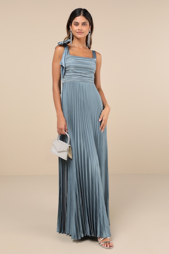 Image of Gorgeous Purpose Slate Satin Pleated Sleeveless Bow Maxi Dress
