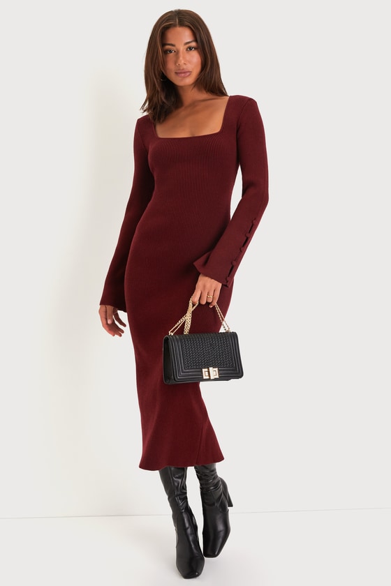 Image of Classy Attitude Burgundy Ribbed Square Neck Midi Sweater Dress