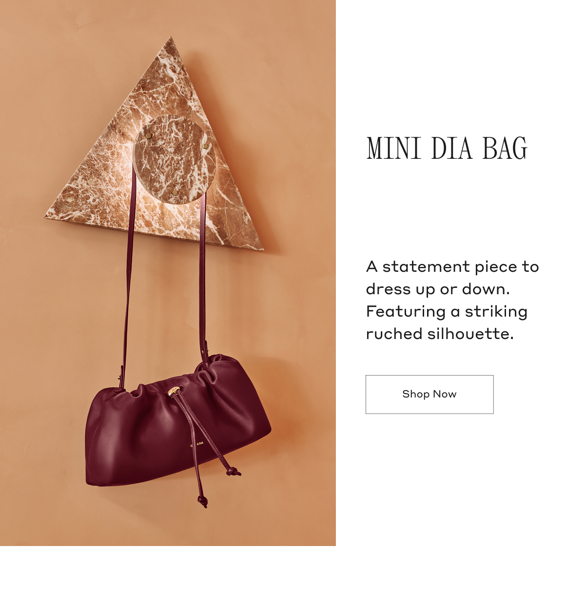 MINI DIA BAG A statement piece to dress up or down. Featuring a striking ruched silhouette. Shop Now