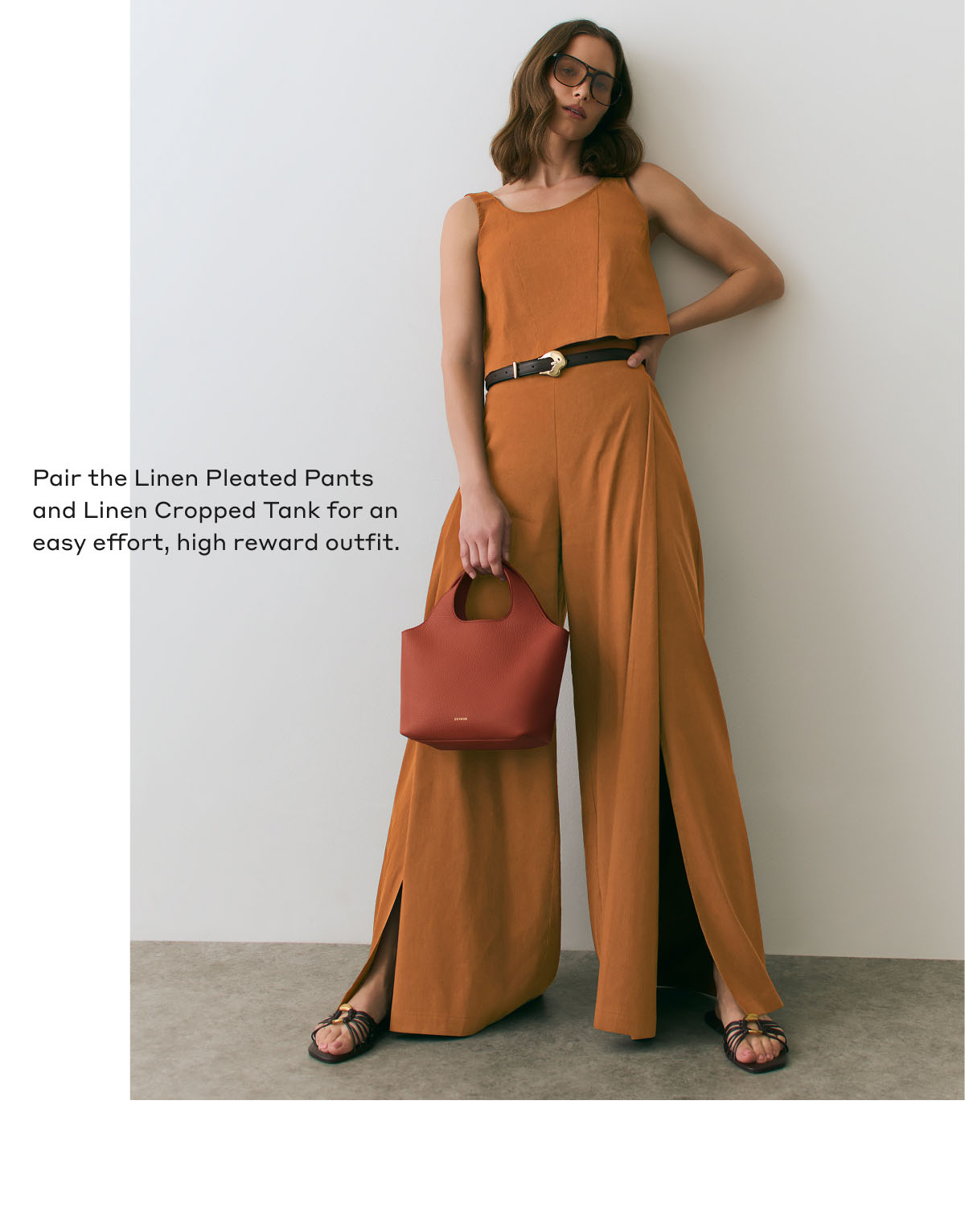 Pair the Linen Pleated Pants and Linen Cropped Tank for an easy effort, high reward outfit.