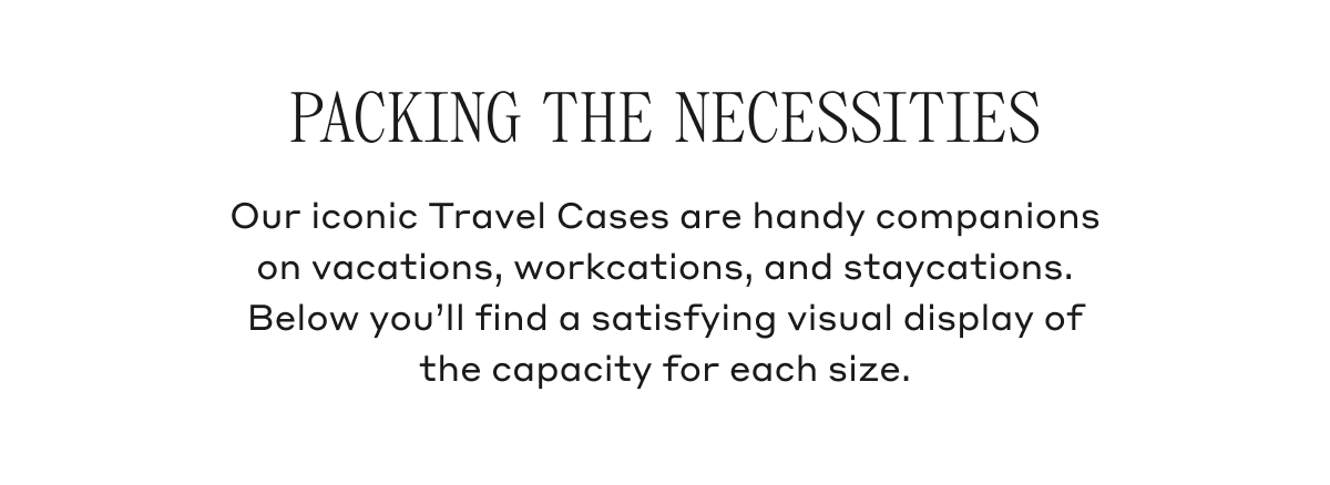 Packing The Necessities Our iconic Travel Cases are handy companions on vacations, workcations, and staycations. Below you'll find a satisfying visual display of the capacity for each size.