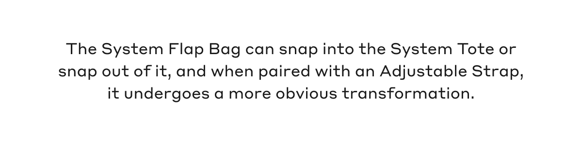 The System Flap Bag can snap into the System Tote or out of it, and when paired with an Adjustable Strap, it undergoes a more obvious transformation.