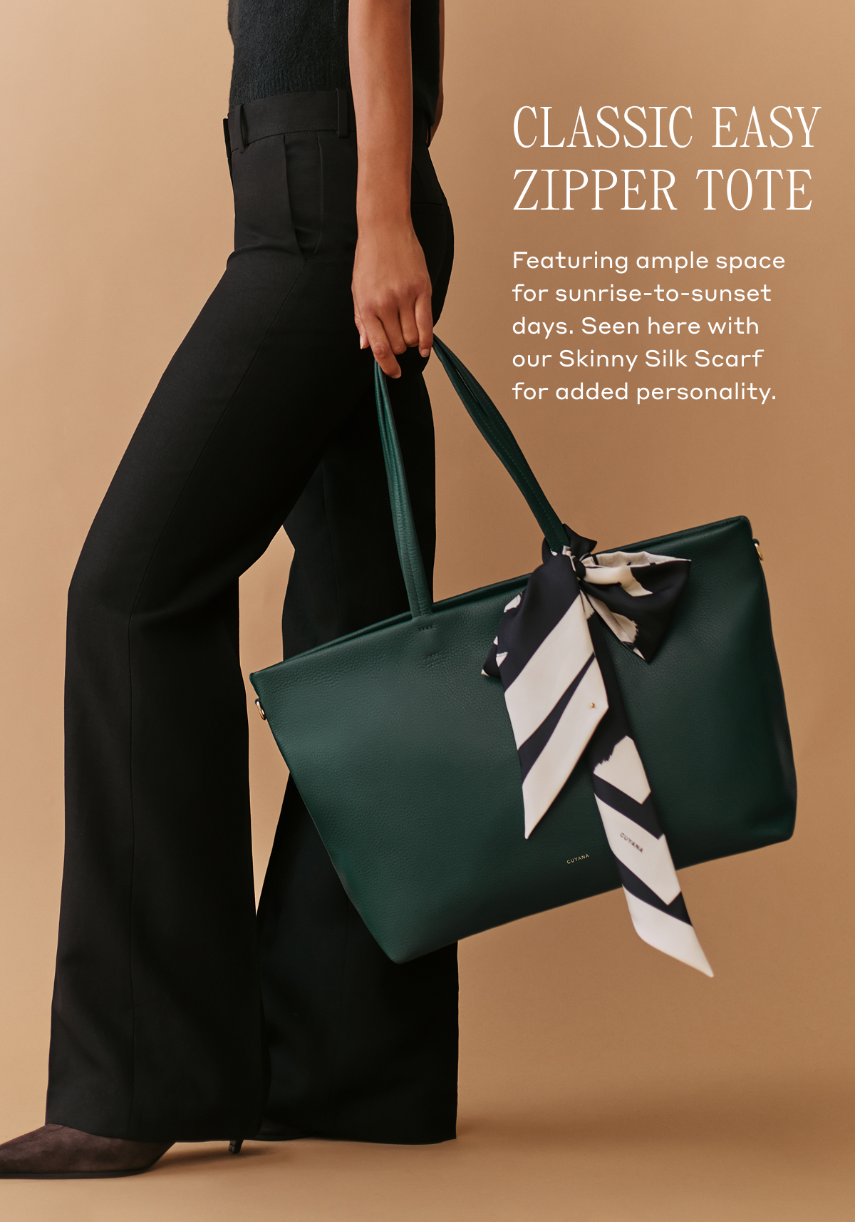 CLASSIC EASY ZIPPER TOTE Featuring ample space for sunrise-to-sunset days. Seen here with our Skinny Silk Scarf for added personality.