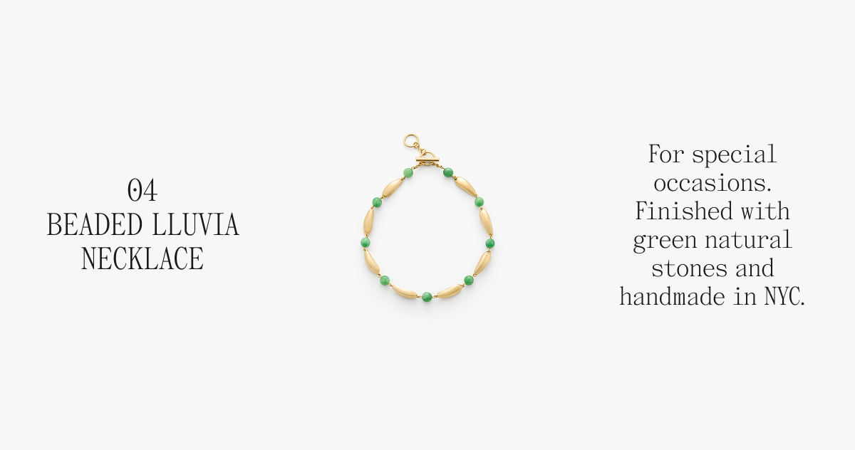 04 BEADED LLUVIA NECKLACE For special occasions. Finished with green natural stones and handmade in NYC.