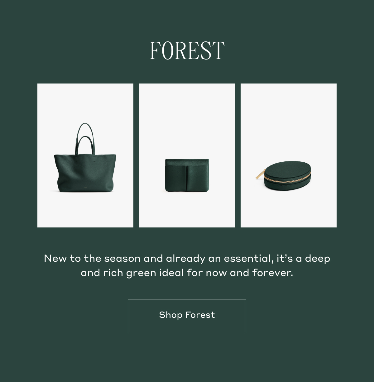 FOREST New to the season and already an essential, it's a deep and rich green ideal for now and forever. Shop Forest.
