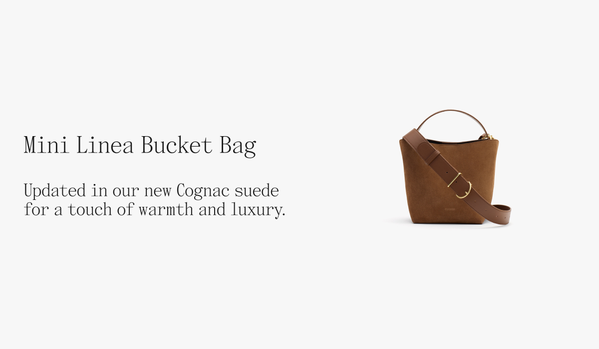 Mini Linea Bucket Bag Updated in our new Cognac suede for a touch of warmth and luxury.