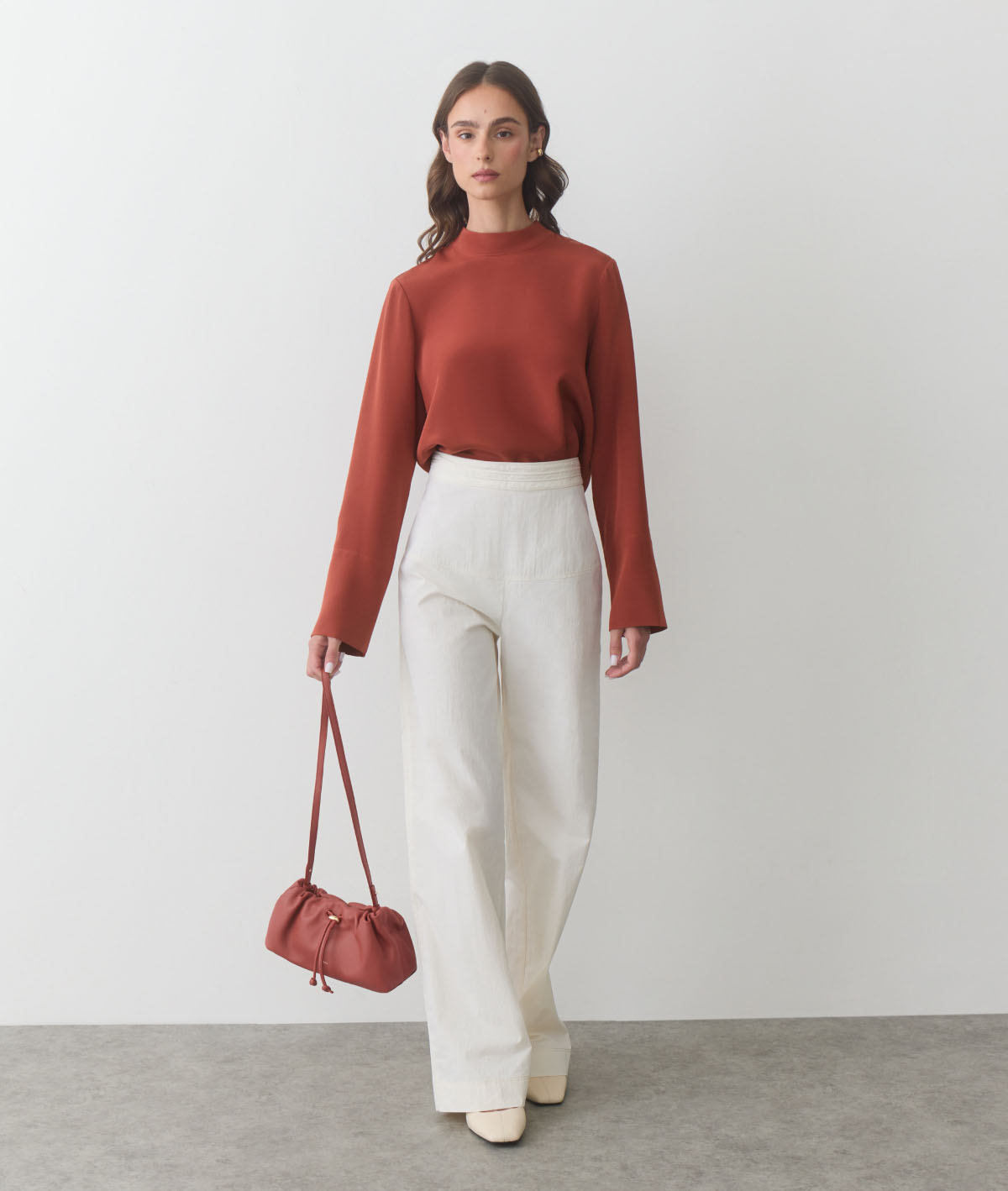 Silk Mock Neck Top Dark Terracotta