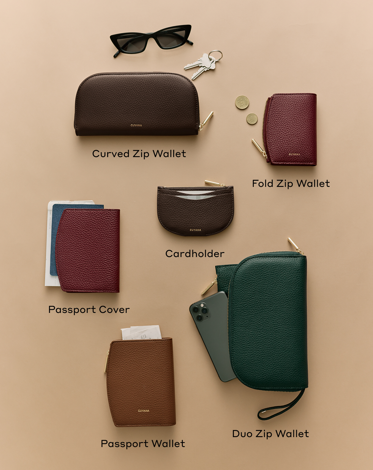Curved Zip Wallet, Fold Zip Wallet, Cardholder, Passport Cover, Passport Wallet, Dup Zip Wallet.