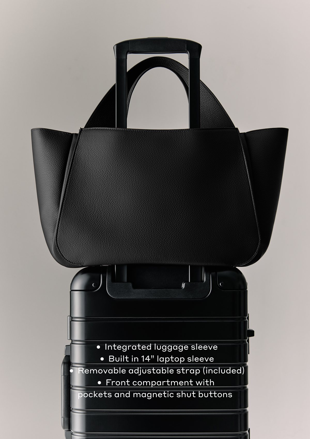 Integrated luggage sleeve, Built in 14" laptop sleeve, Removable adjustable strap (included), Front compartment with pockets and magnetic shut buttons.