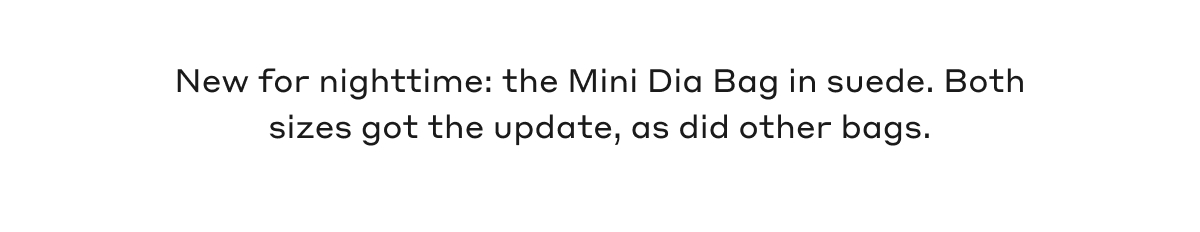 New for nighttime: the Mini Dia Bag in suede. Both sizes got the update, as did other bags.