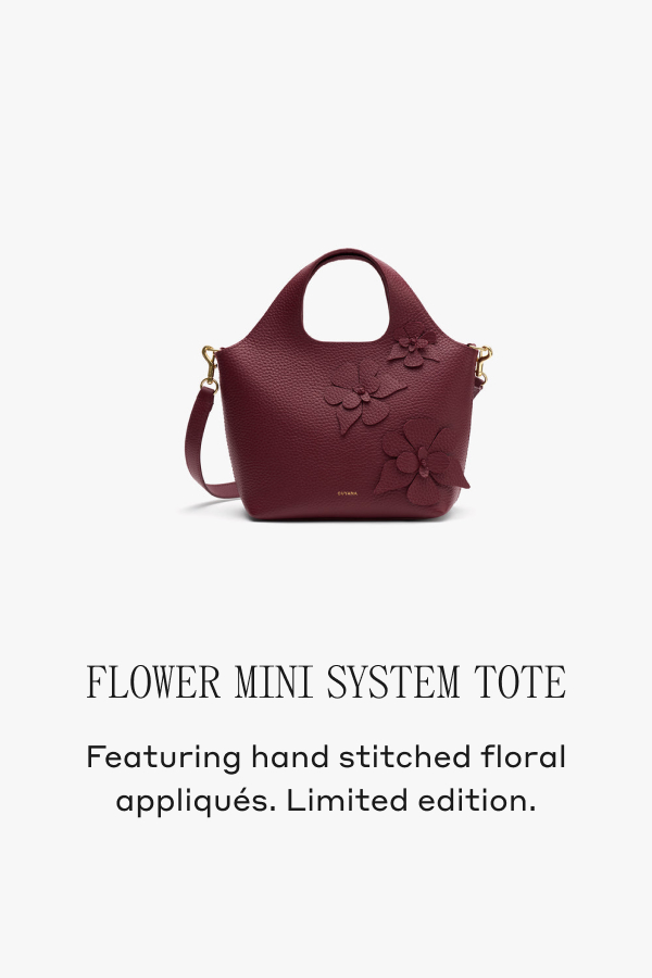 FLOWER MINI SYSTEM TOTE Featuring hand stitched floral appliqués. Limited edition.