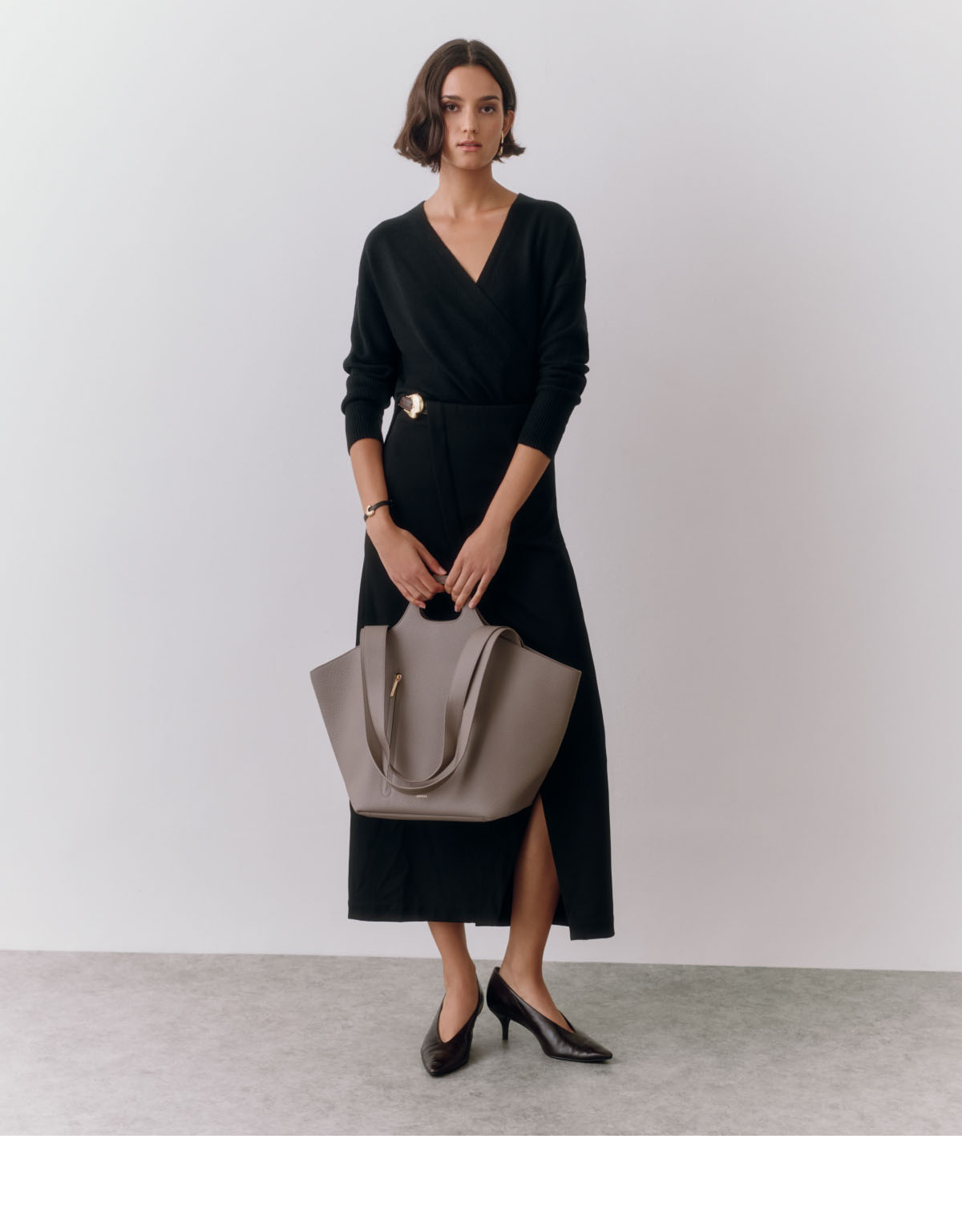 Paloma Tote Clay, Single Origin Cashmere Wrap Sweater, Ponte Pencil Skirt