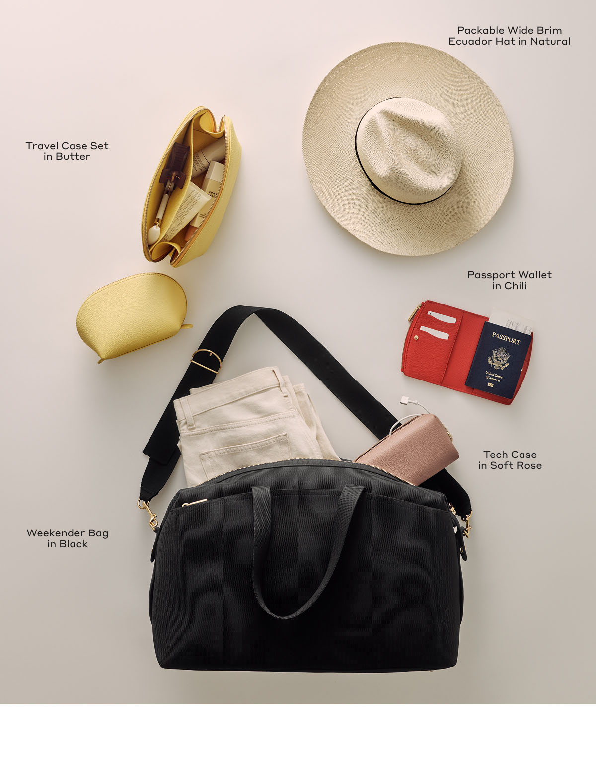 Travel Case Set in Butter, Packable Wide Brim Ecuador Hat in Natural, Passport Wallet in Chili, Tech Case in Soft Rose, Weekender Bag in Black.