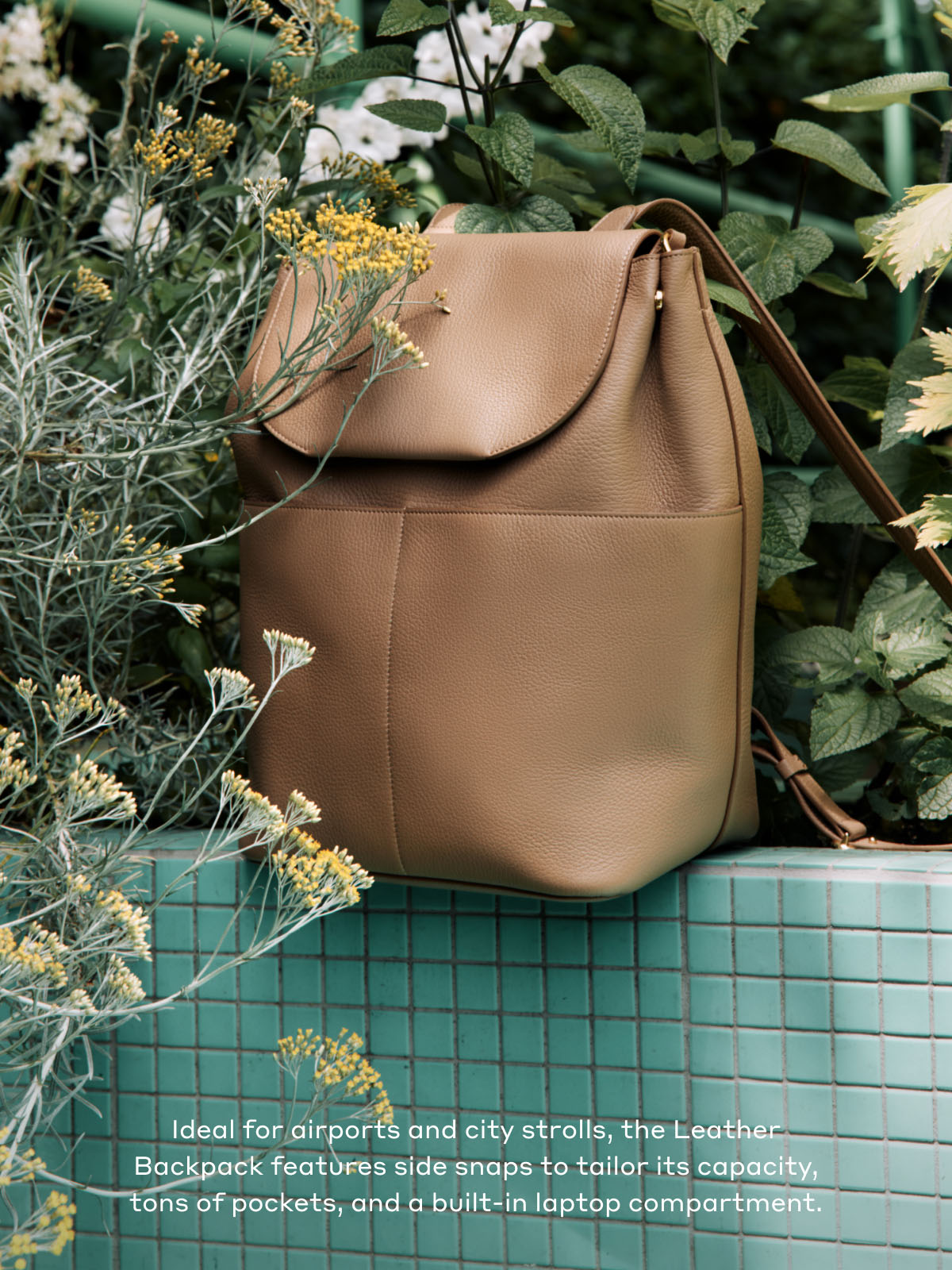 Ideal for airports and city strolls, the Leather Backpack features side snaps to tailor its capacity, tons of pockets, and a built-in laptop compartment.