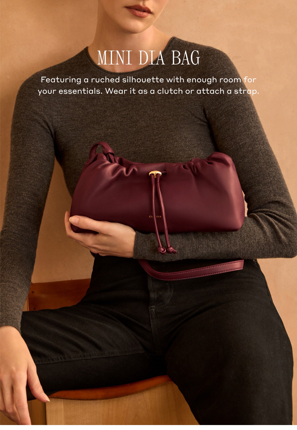 MINI DIA BAG Featuring a ruched silhouette with enough room for your essentials. Wear it as a clutch or attach a strap.